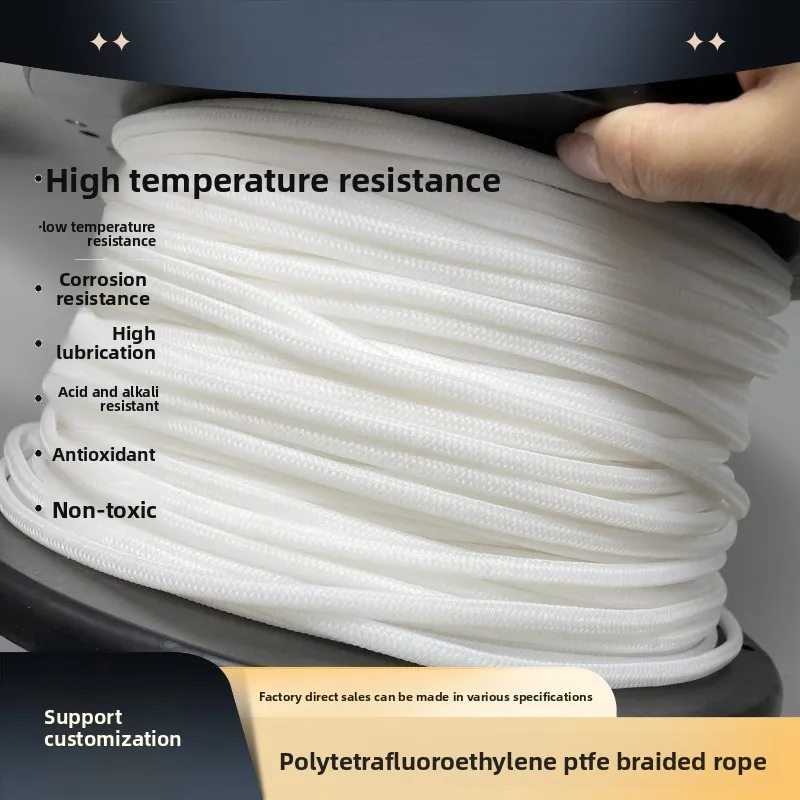 PTFE Braided Rope, PTFE Material, Acid‑Alkali Resistant High Temp, Wear‑Resistant for Chemical Industry