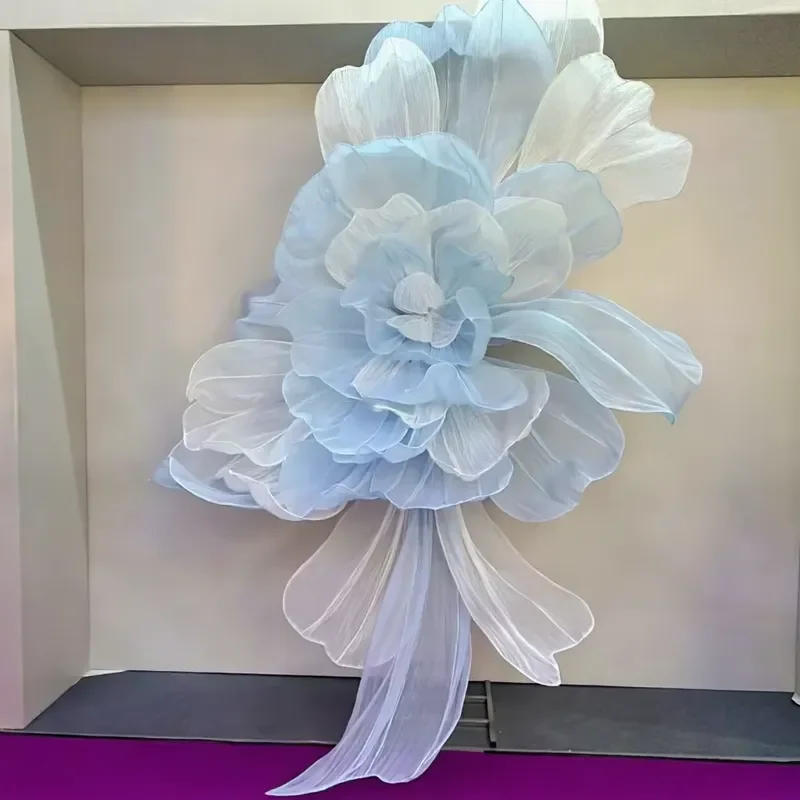 Giant Blue Organza Fabric Flower Wall Hanging Flower Large Handmade Flower For Wedding Backdrop Decor