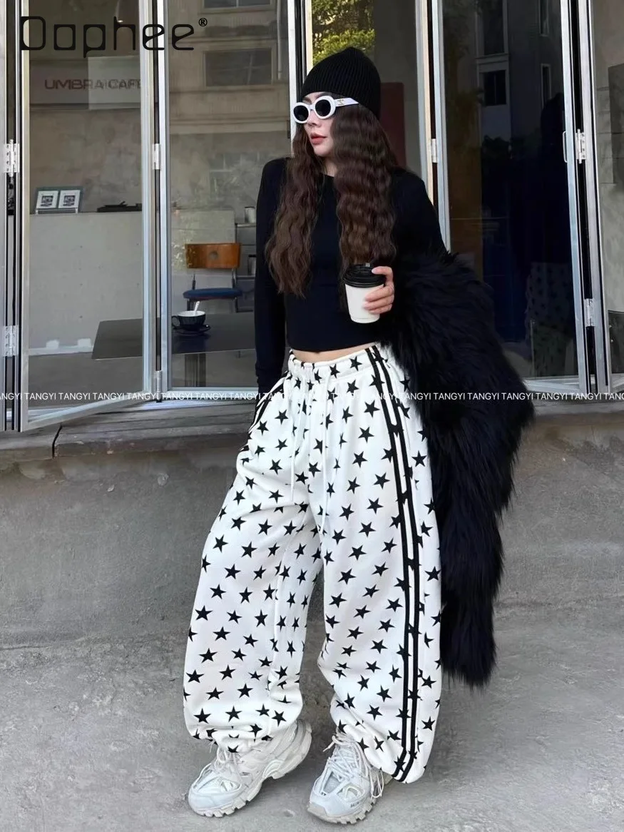 

Autumn Winter Fleece Five-Pointed Star Casual Pants for Women High-Waisted Versatile Straight-Leg Jogger Sweatpants