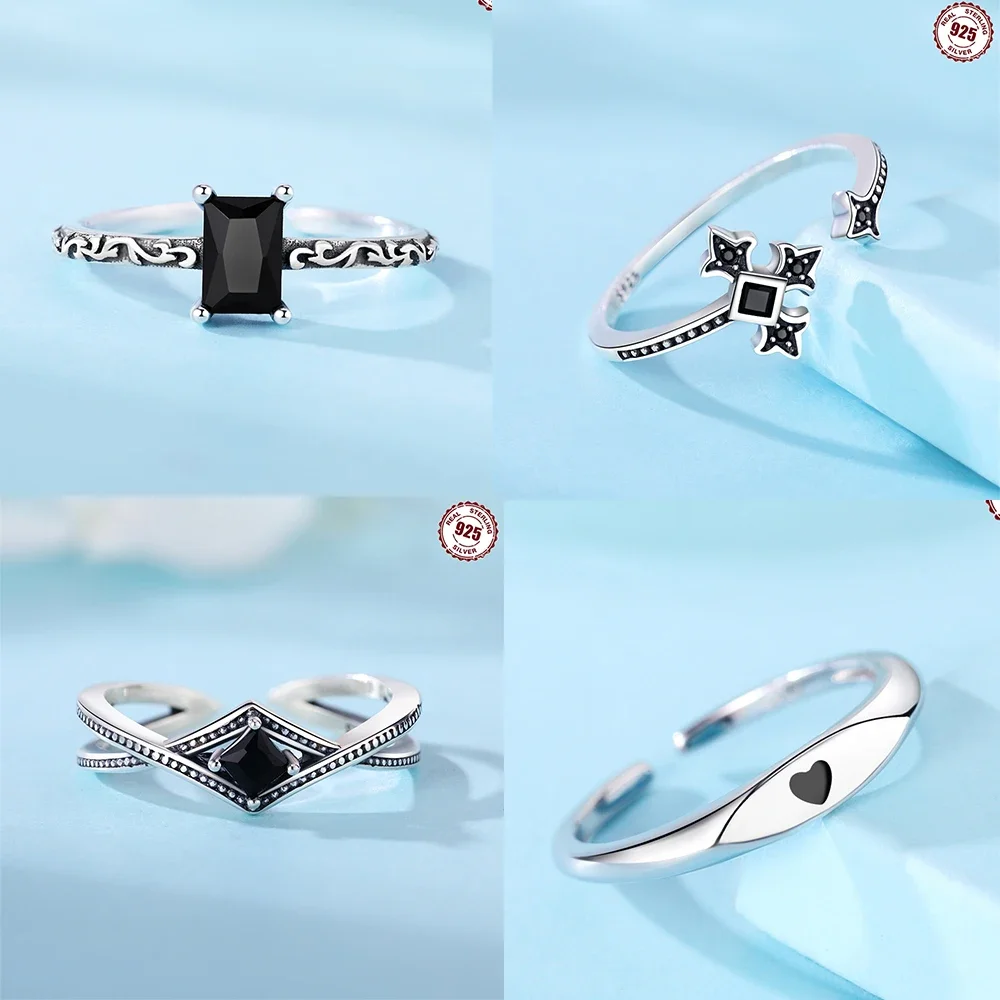 925 Sterling Silver Retro Carved Square Love Heart Black Zirconium Original Ring for Ladies Fine Jewelry Wedding Gift