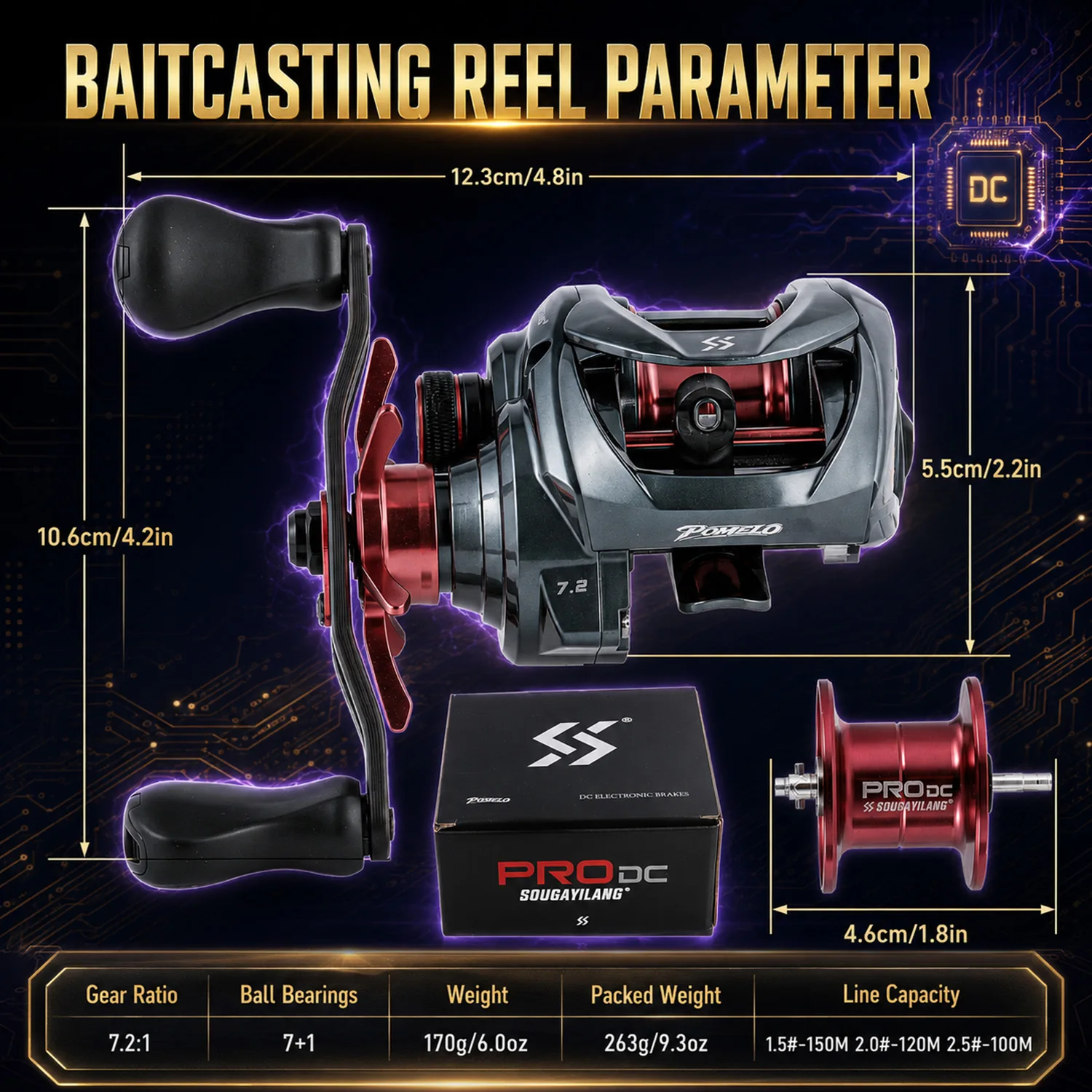 Sougayilang PRO DC Elektronische Baitcasting-Rolle Anti-Backlash 7.2:1 Übersetzungsverhältnis 7+1BB Carbon-Griff Salzwasser-Angelrolle – Detail 3
