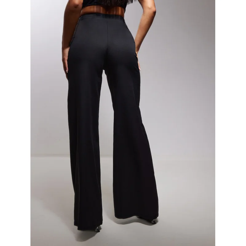 2025 Casual ademende wijde pijpen broek dames elastische taille afslankende zwarte kantoorfeestbroek