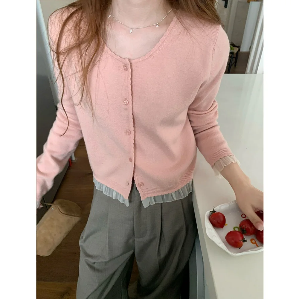 

Кардиган стандартного кроя с длинными рукавами, милый вязаный свитер с кружевом, женский новый стиль, мягкая верхняя одежда с цветочной отделкой, нежный стиль