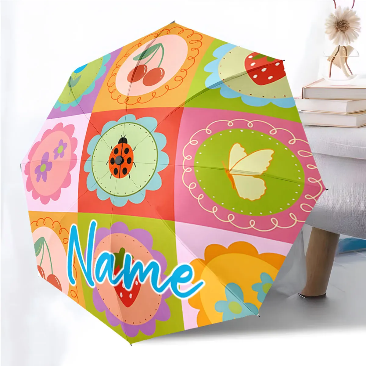 Custom Name Colorful umbrella with floral and fruit patterns Print 8 Iron Ribs Folding Umbrella, Auto-Open Fashion Sunshade