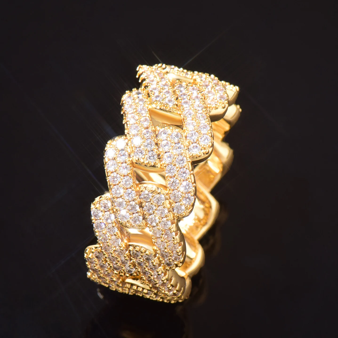 CUC Cuban Link Ring Iced Out Zircon Fashion Hip Hop Men Rings Gold Silver Color Copper Jewelry For Party Gift