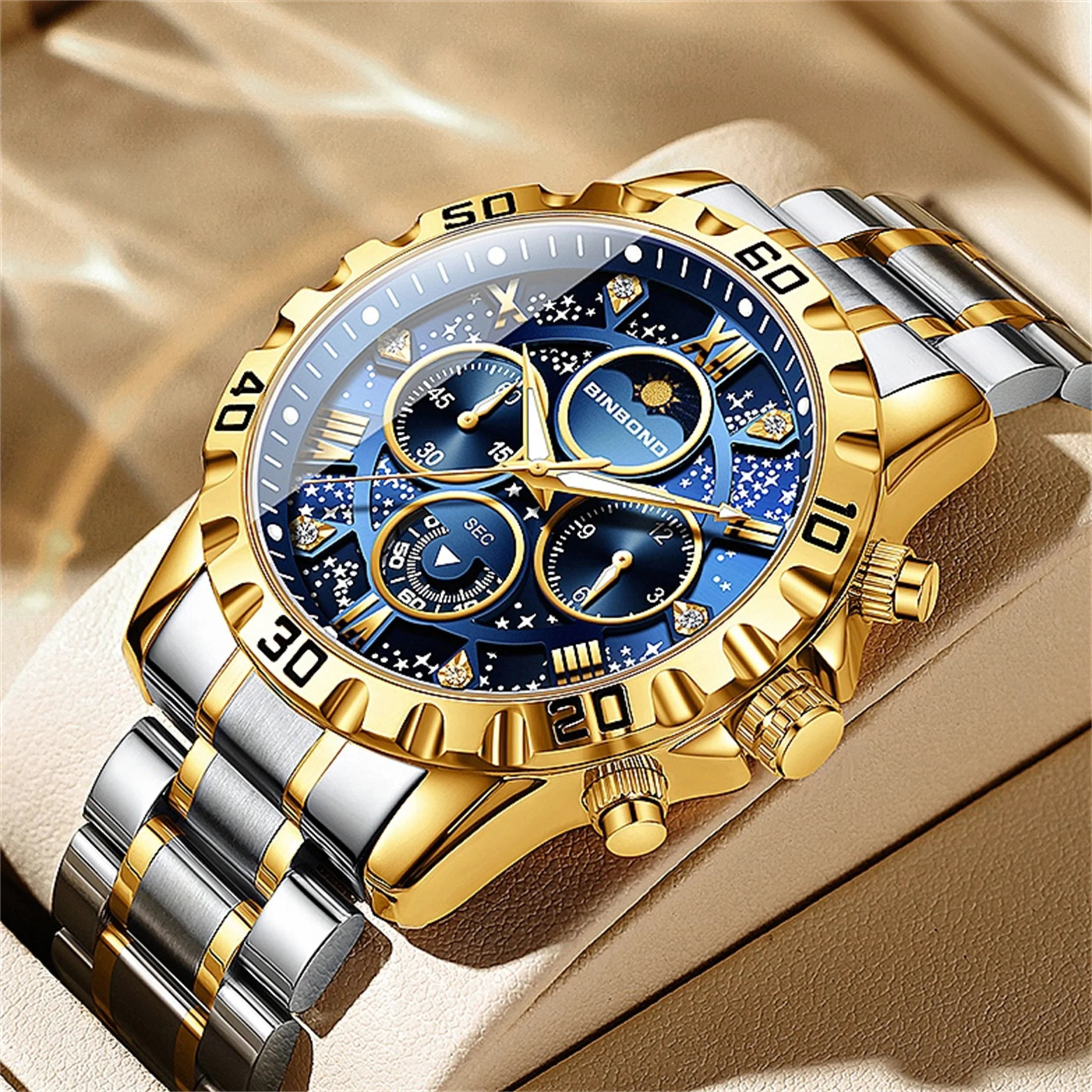 Chronograph Watch Fashion Men\'s Watch 30M Waterproof Calendar Date Function Rhinestone Dial Stainless Steel Quartz Watch Gift