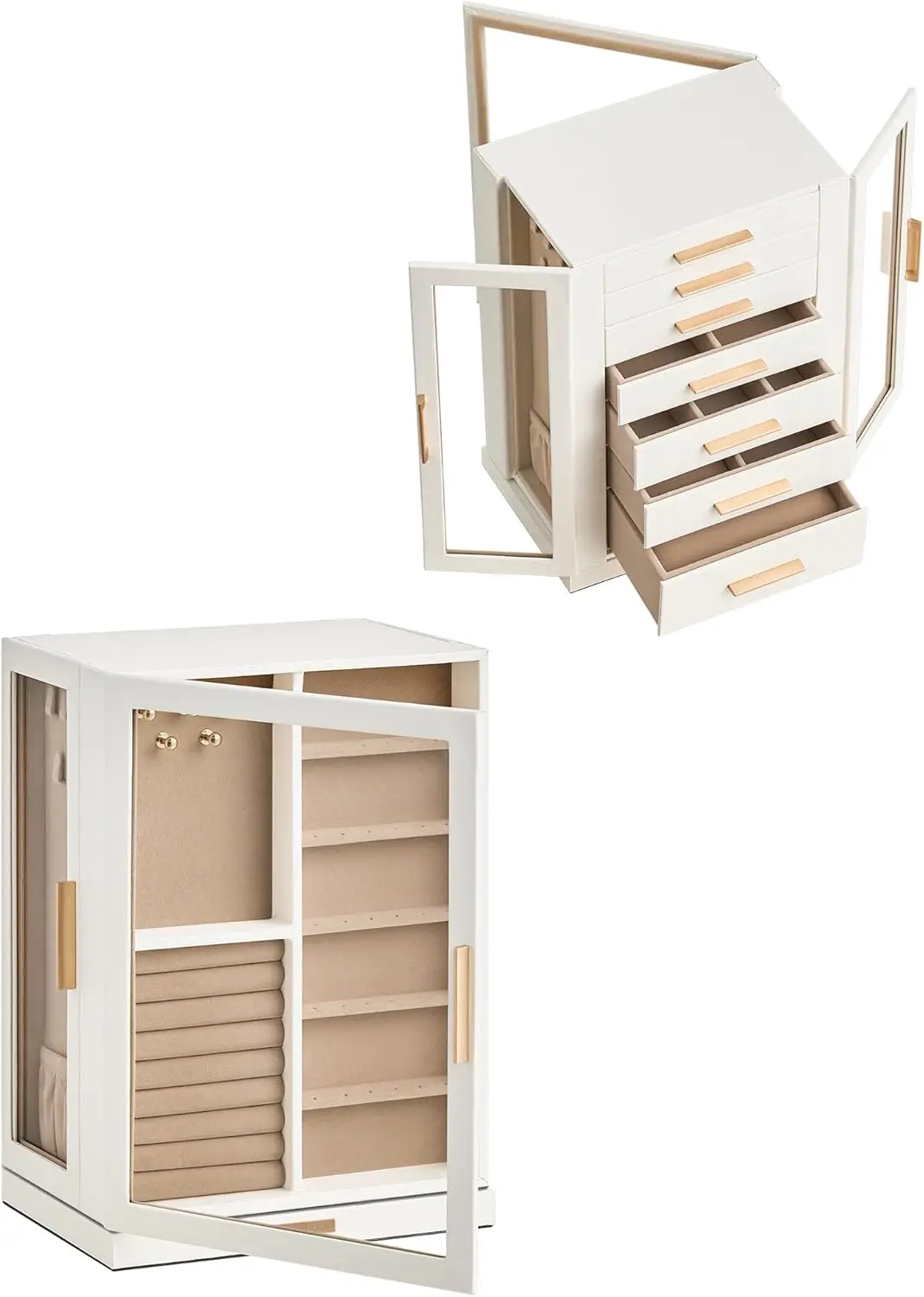 360 °   Roterende sieradenorganizer met 7 lades, glazen venster, stofdicht ontwerp in wit