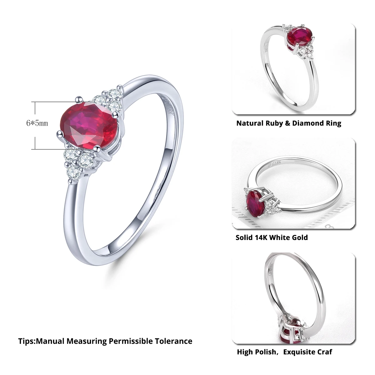 Lohaspie 14K White Gold Natural Ruby Ring 0.45 Carats Genuine Gemstone Classic Style Fine Jewelry for Women Born in July