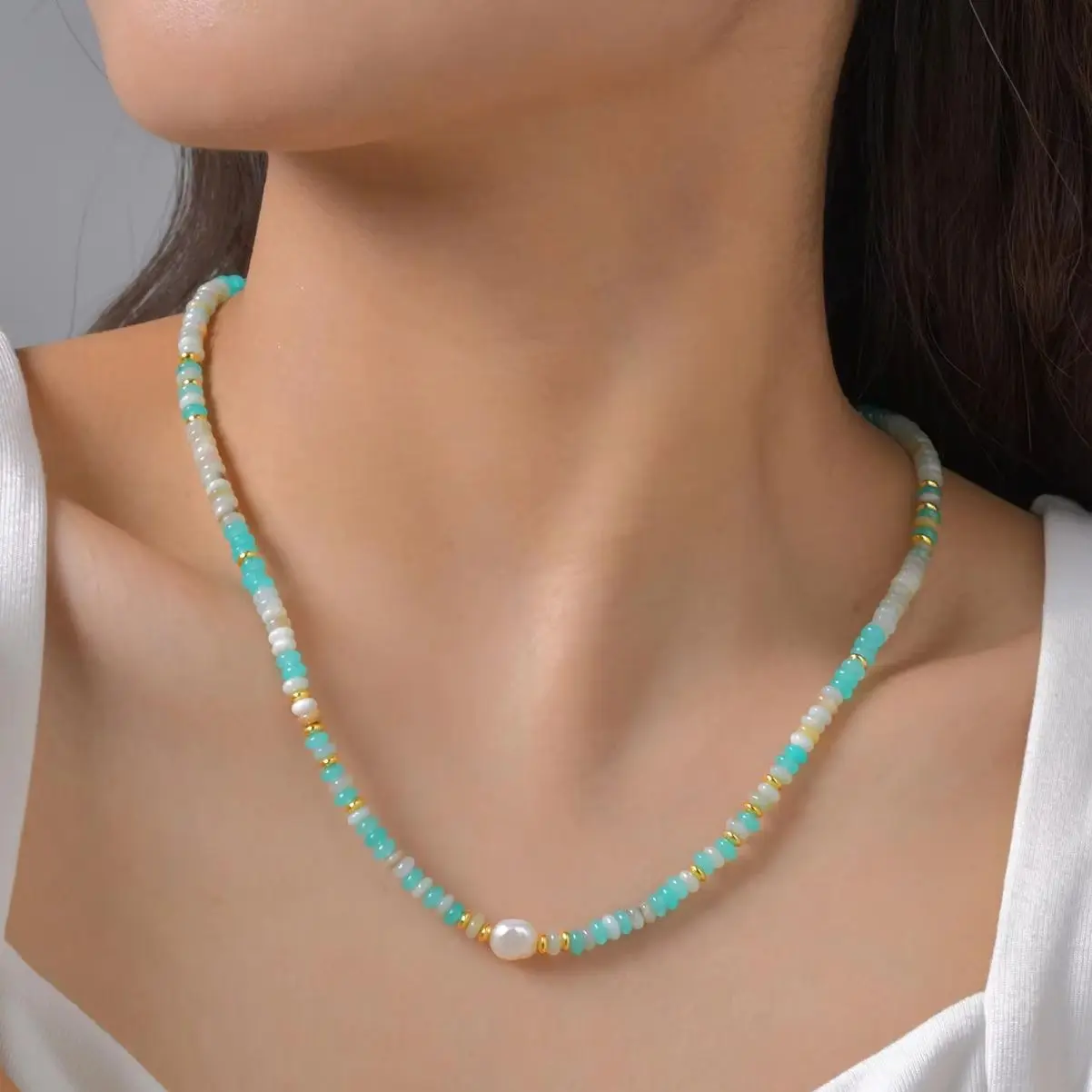 

Beautiful Natural Stone Beaded Necklace for Women,Gold Color Chain Necklaces,Stainless Steel Jewelry Gifts