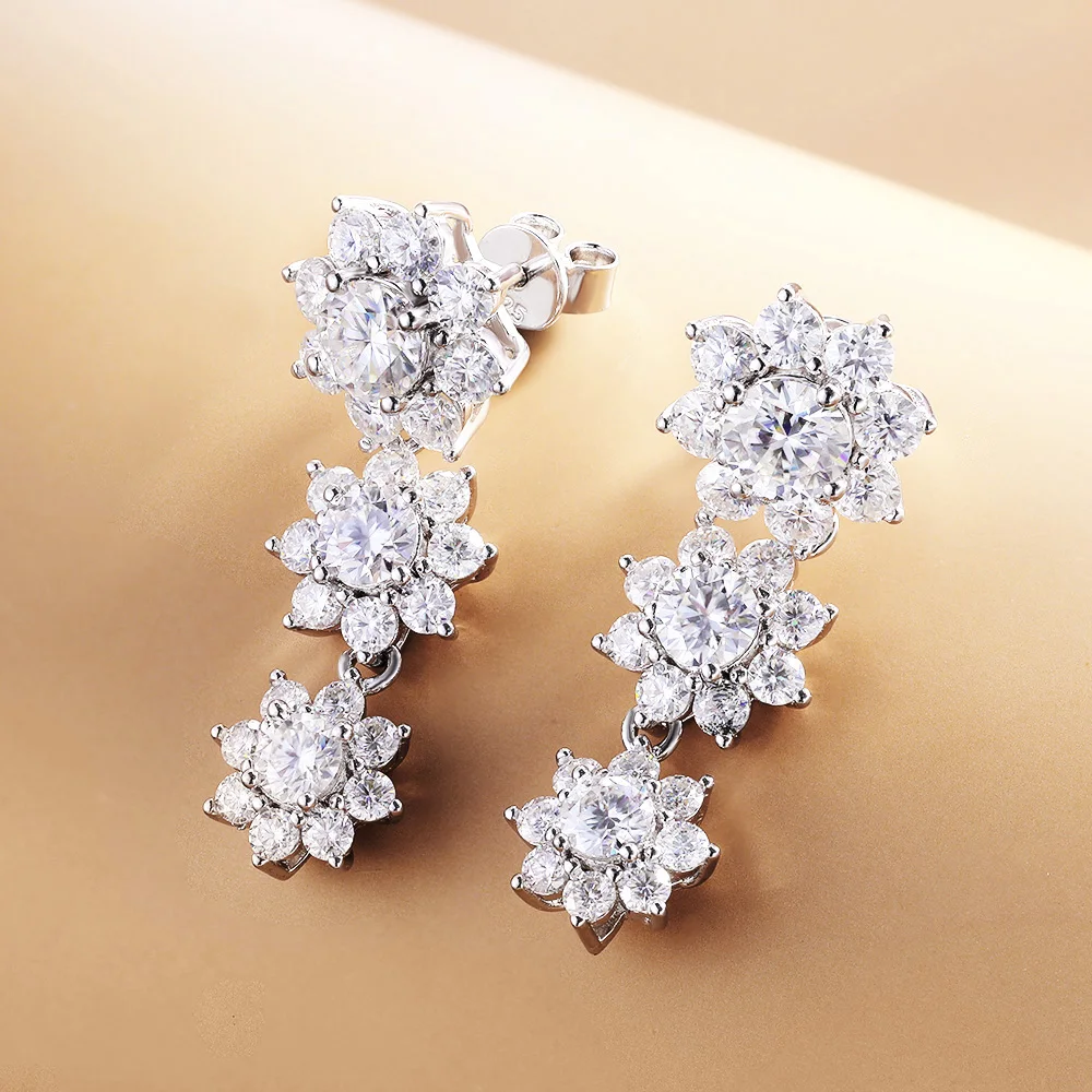 Serenity 5.88cttw Real D Color Sunflower Full Moissanite Drop Earrings For Women Wedding S925 Sterling Silver Stud Fine Jewelry