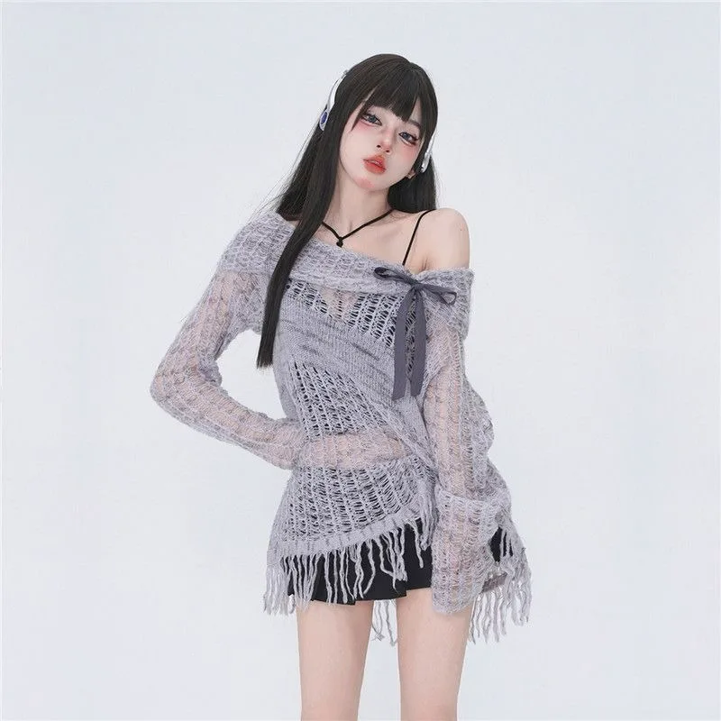 2023 Women's Fashion Irregular Knitted Sweater Grey Bow Sweater One Shoulder Top Hollow Pullover