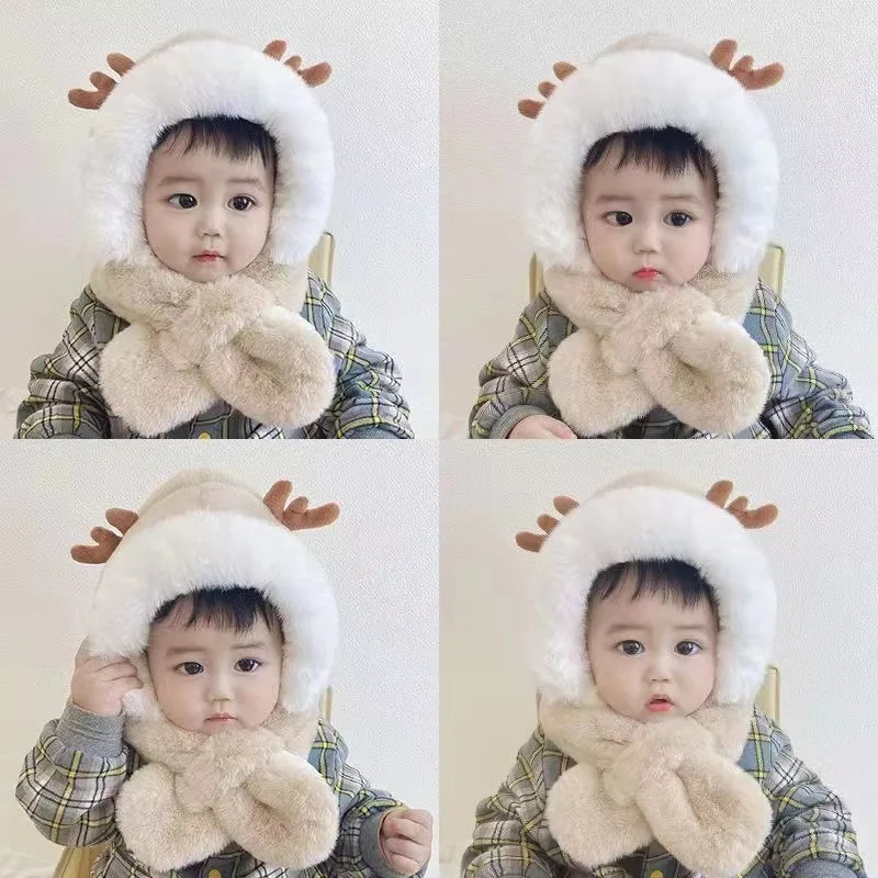 

Plush Christmas Cap Winter Children Ear Protection Hat Baby Thick Velvet One Piece Scarf Beanie 1-8year Kids Warm Ski Headgear