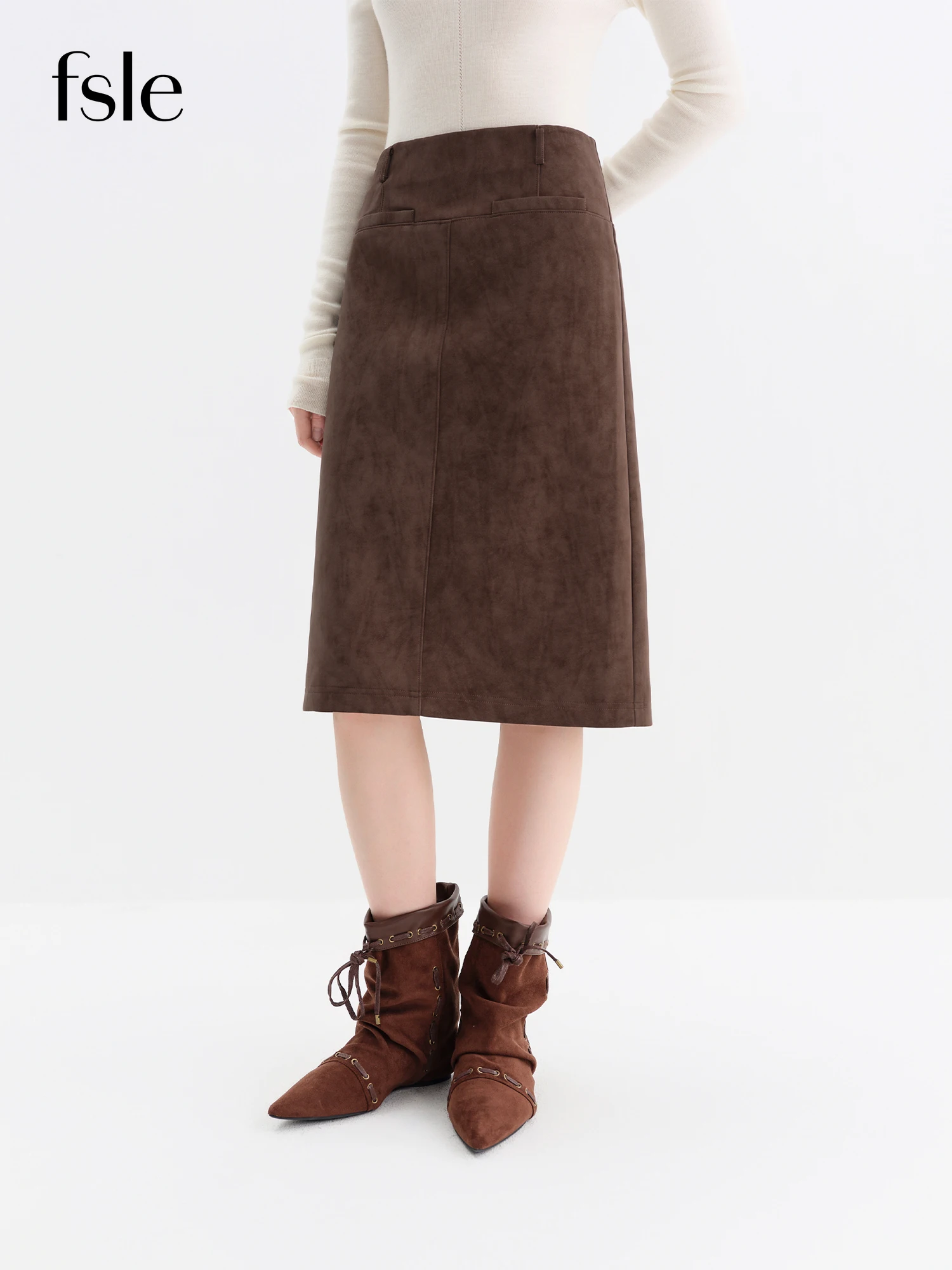 

FSLE High-Waisted Straight Tube Skirt Faux Suede Vintage Brown Coffee Color 2025 Winter New Arrival Office Interview Dress Skirt