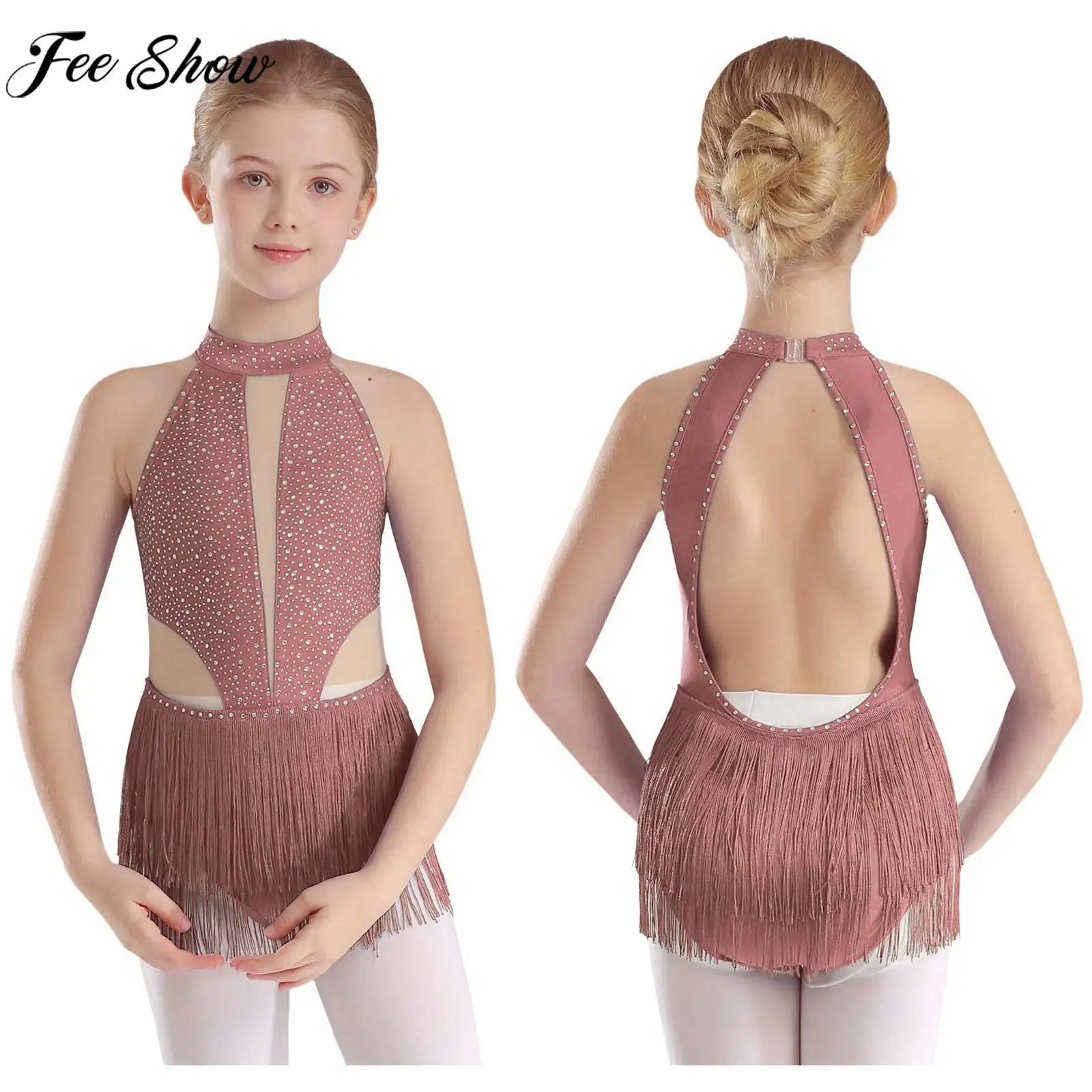 

Girls Figure Skating Leotard Dress Ballet Latin Dance Rumba Samba Cha-Cha Costume Sleeveless Rhinestone Mesh Fringed Bodysuit