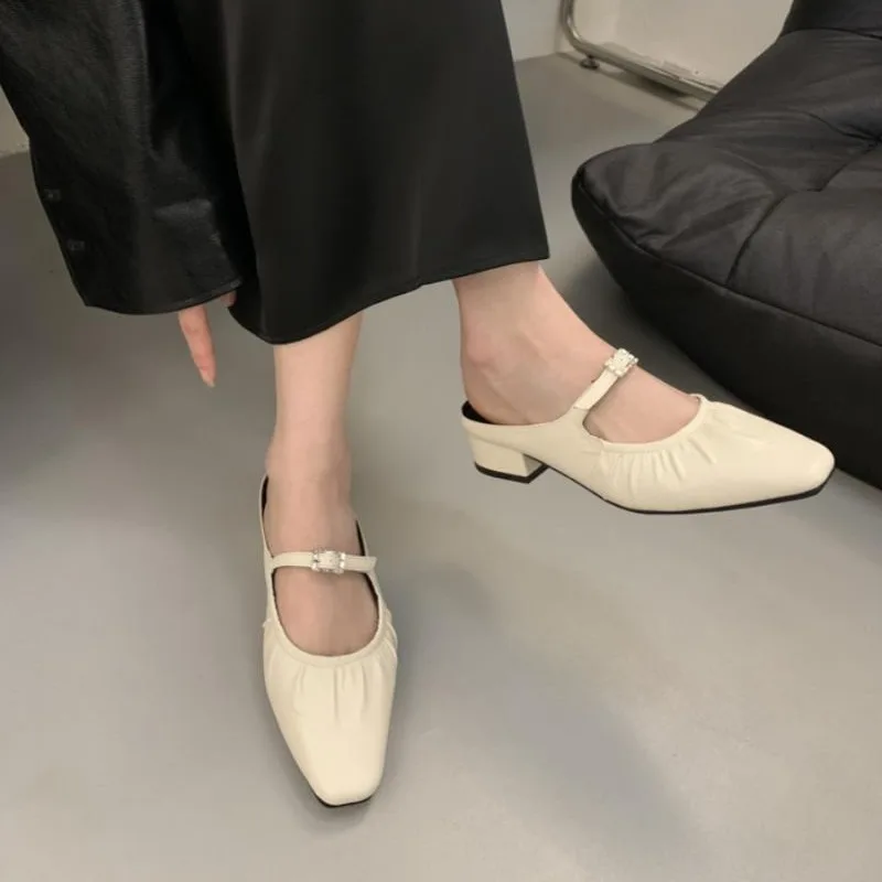Summer Women's Square-toes Shoes Minimal Soft Crinkled Chunky Heel Slippers Solid Color Daily Commute High Heels