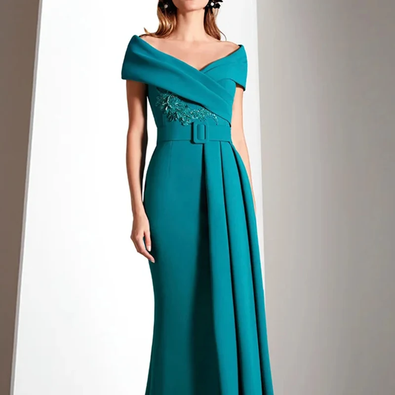 المرأة البط البري خارج الكتف الخامس الرقبة ثوب مسائي حورية البحر الطابق طول فستان أم العروس الدانتيل التطريز الكرة ثوب #6