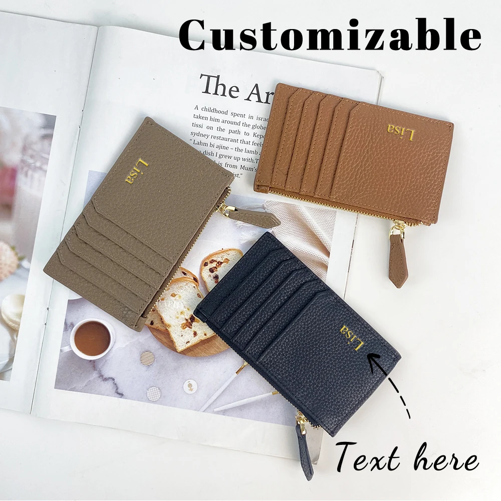 Customized name genuine leather simple multi-slot card case, portable top layer cowhide ID bag, soft leather zipper coin purse