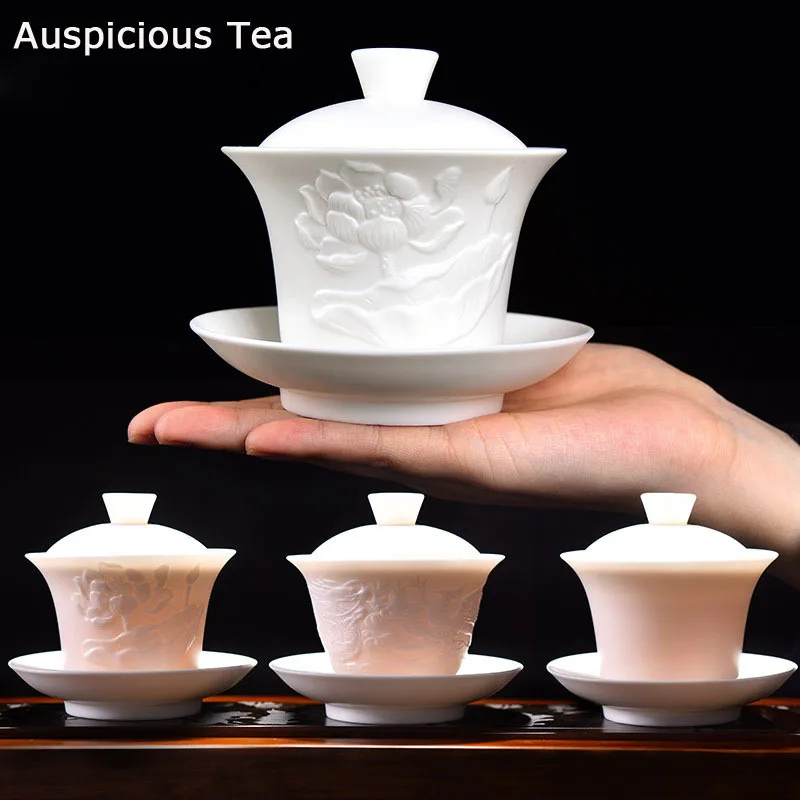 

High-end Mutton Fat Jade White Porcelain Sancai Gai Wan Tea Cup Hand Carved Household Chinese Kung Fu Tea Set Tea Ceremony Gift