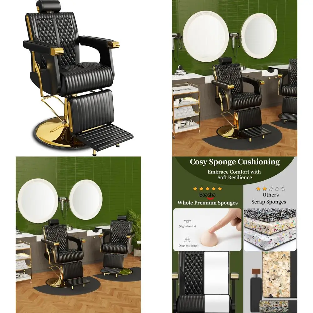 高級クラシックな黒と金の理髪椅子、リクライニングと取り外し可能なヘッドレスト付き