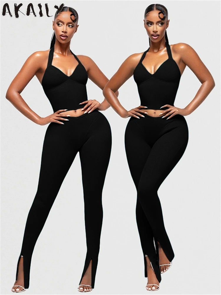 Akaily Spring Women's 2 Piece Pants Sets Yoga Outfits 2025 Halter Backless Camisole+High Waist Leggings Set Casual Jogging Suit