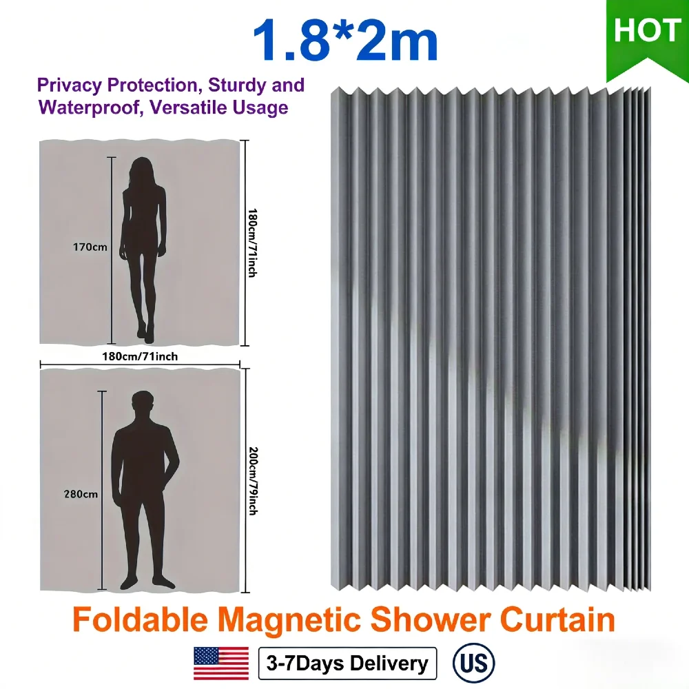 

14 Hooks Waterproof Foldable Bathroom Curtain Magnetic Privacy Divider Linen-Like Fabric Stainless Steel Rod Modern Bathtub Curt