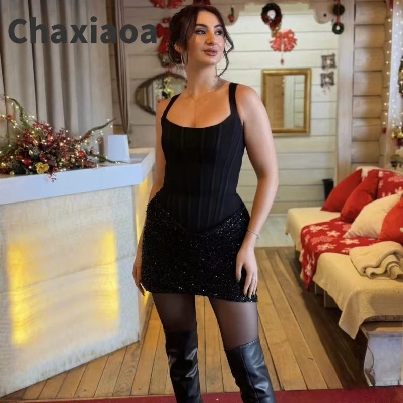 

Сексуальное мини-платье Chaxiaoa с пайетками и вставками, женское облегающее короткое платье с открытыми плечами и спиной, для клуба и вечеринок
