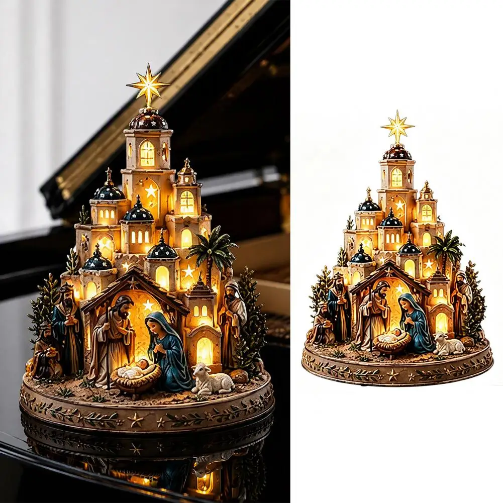 Nativity Scene Decor Gift for Families Bethlehem Nativity Church Glowing Star Scene Christian Table Centerpiece Decor for Home