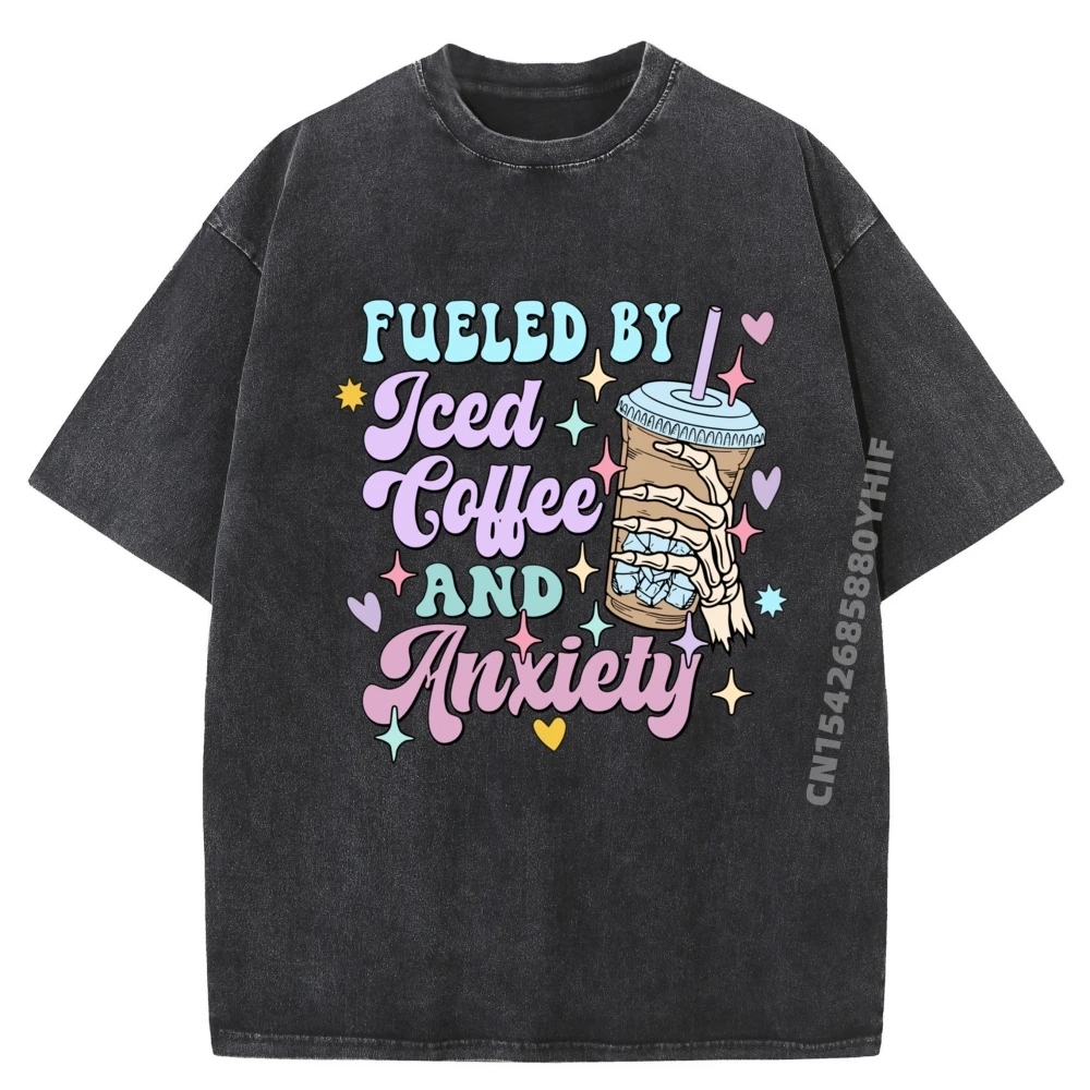

Рубашка Fueled By Iced Coffee And Anxiety Coffee Мужские рубашки Футболка с рисунком Мужская потертая футболка в стиле ретро