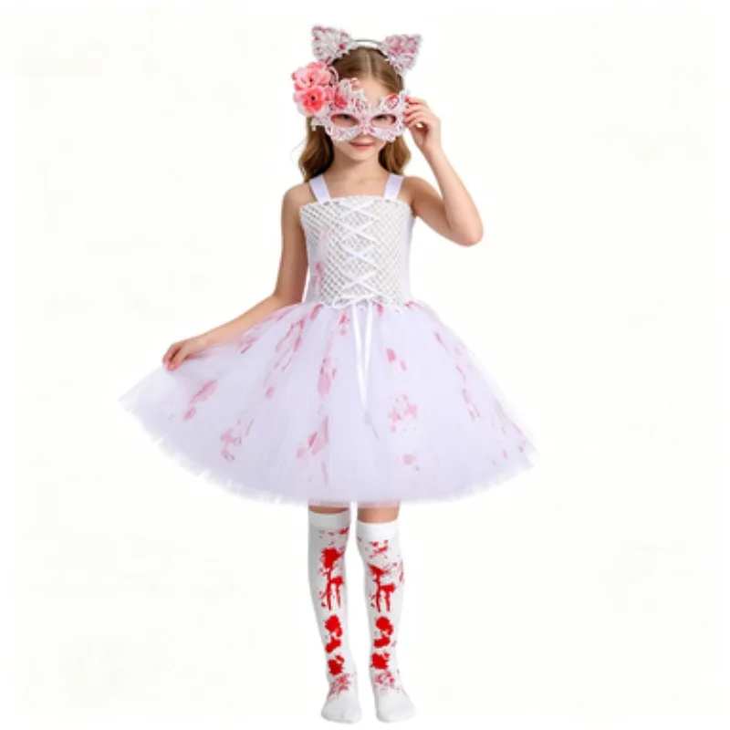 Girls Horror Bride Costume, Blood-stained Tulle White Puffy Skirt, Kids Halloween Stage Performance Outfit, Carnival Party Set