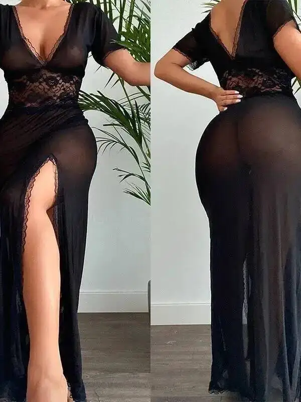 فستان نسائي طويل شبكي بأكمام قصيرة بتصميم كاجوال من Pure Desire فستان شفاف عميق على شكل حرف V بلون سادة أنيق وساحر BZFE