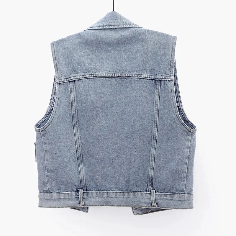 Denim Jacket Waistcoat Women's Spring Summer 2024 New Slim Pearls Beaded Sleeveless Coat Female Short Casual Vest Outwear Tops