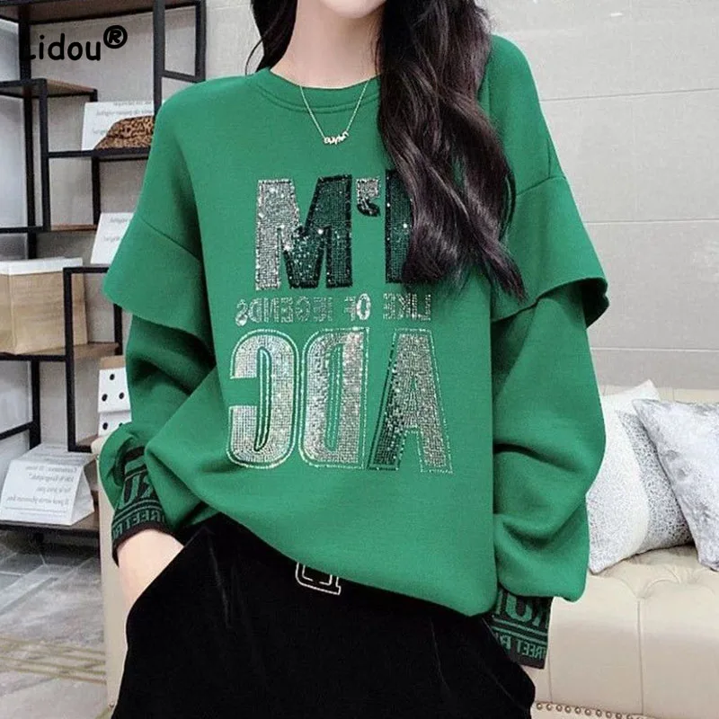 

Fashion Fake Two Pieces Letter Diamonds Tops Women's Clothing Korean Loose Round Neck Solid Color Sweatshirts Spring Autumn