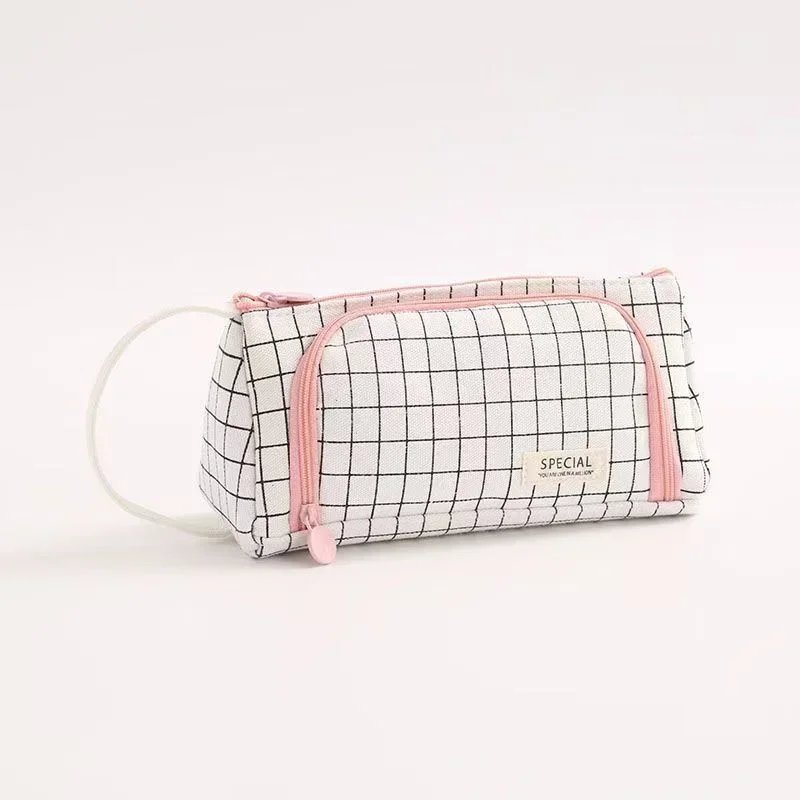 Child Stationary Pen Pencil Storage Bag Pen Bag Multi Layer Large Capacity Cosmetic Travel Storage Bag Simple Plaid Pencil Case