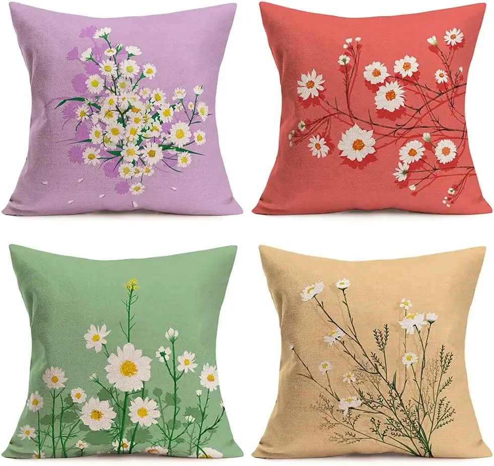 White Daisy Pillowcase Summer Decoration Pillow Cover Farmhouse Decoration Living Room Sofa Terrace Linen Square Cushion Cover