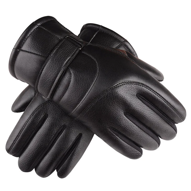 Thickened Fleece Lined Leather Cycling Gloves Windproof Cold Resistant for Men Women Autumn Winter Motorcycle Riding