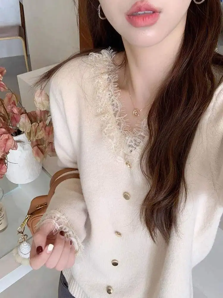 سترة نسائية من الدانتيل الوردي للخريف والشتاء، طبقة أساسية محبوكة ناعمة ومريحة، ملابس داخلية متعددة الاستخدامات، ملابس علوية للتنقل...