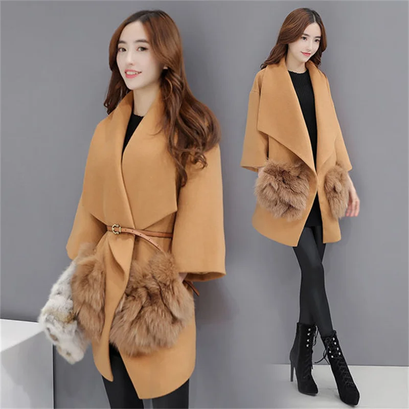 2022 Spring Autumn Women Korean Imitation Fox Woolen Coat Female Temperament Loose Stitching Solid Color Woolen Cardigan Jacket