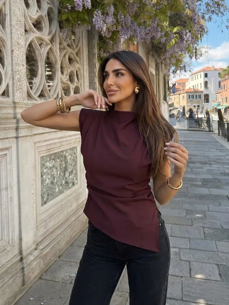 HH Blusa Elegante Asimétrica para Mujer, Estilo Vintage, con Cremallera Trasera, Sin Mangas, Plisada, Chic, Tops de Verano 2026, Camiseta de Moda Urbana