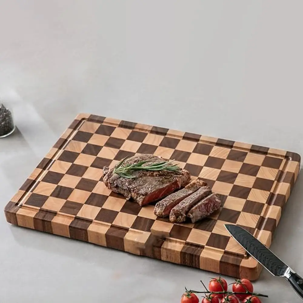 

Acacia Wood Chessboard Cutting Board Non Slip Thickened Chopping Block with Groove Rectangular Checkerboard Chopping Board