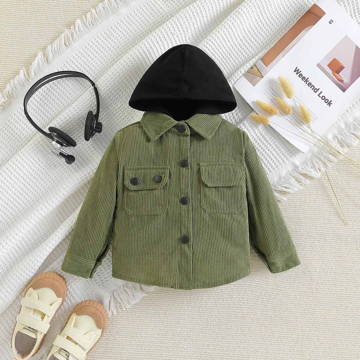 Boys outerwear children's clothing boys' jacket spring and autumn children's color matching hooded corduroy casual cardigan image 3