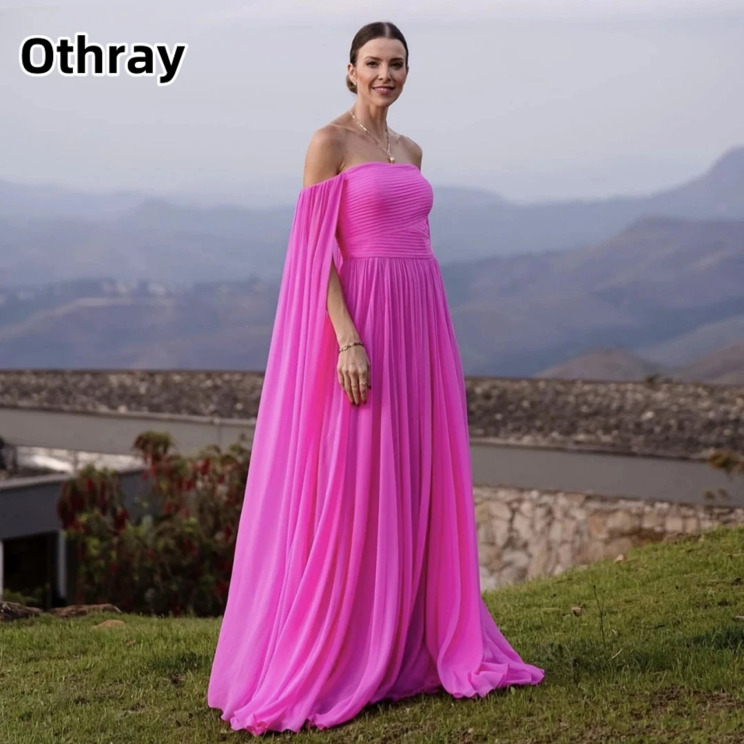 

Othray Elegant Chiffon Strapless Long Cape Sleeves Formal Party Dress Women Luxury Long Evening Dresses for Special Events