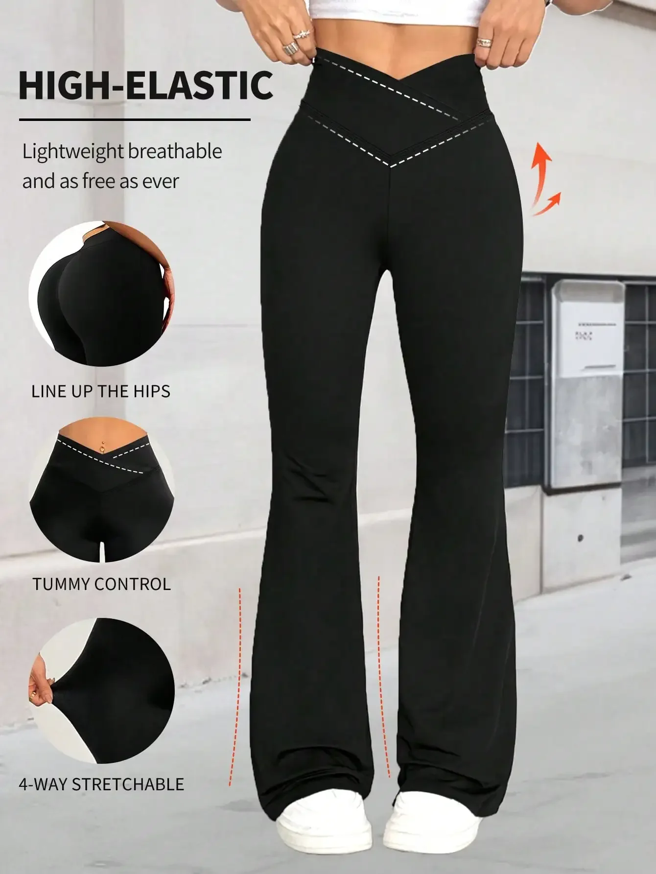 [Extremadamente suaves] Pantalones elásticos acampanados con diseño cruzado, pantalones minimalistas de cintura alta para ir al trabajo y hacer yoga, leggings deportivos casuales y sexys, pantalones acampanados de una sola pieza con diseño levanta glúteos, ropa deportiva para mujer, tejido de punto, elástico y cómodo, adecuado para uso diario.