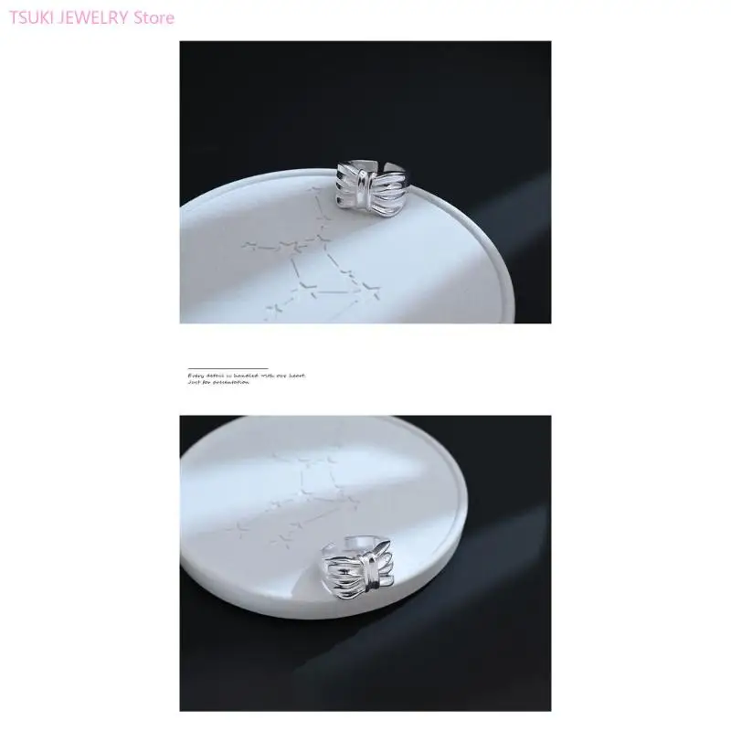 62KE Elegant Ruffled Wide Bowknot Rings In Shining White Copper For Women Jewelry