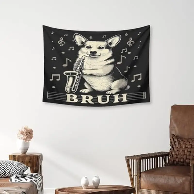 VIKAMA Corgi Playing Saxophone Tapestry, Funny Wall Hanging, Cute Dog Wall Decor Bedroom Dormitory Home Decoration