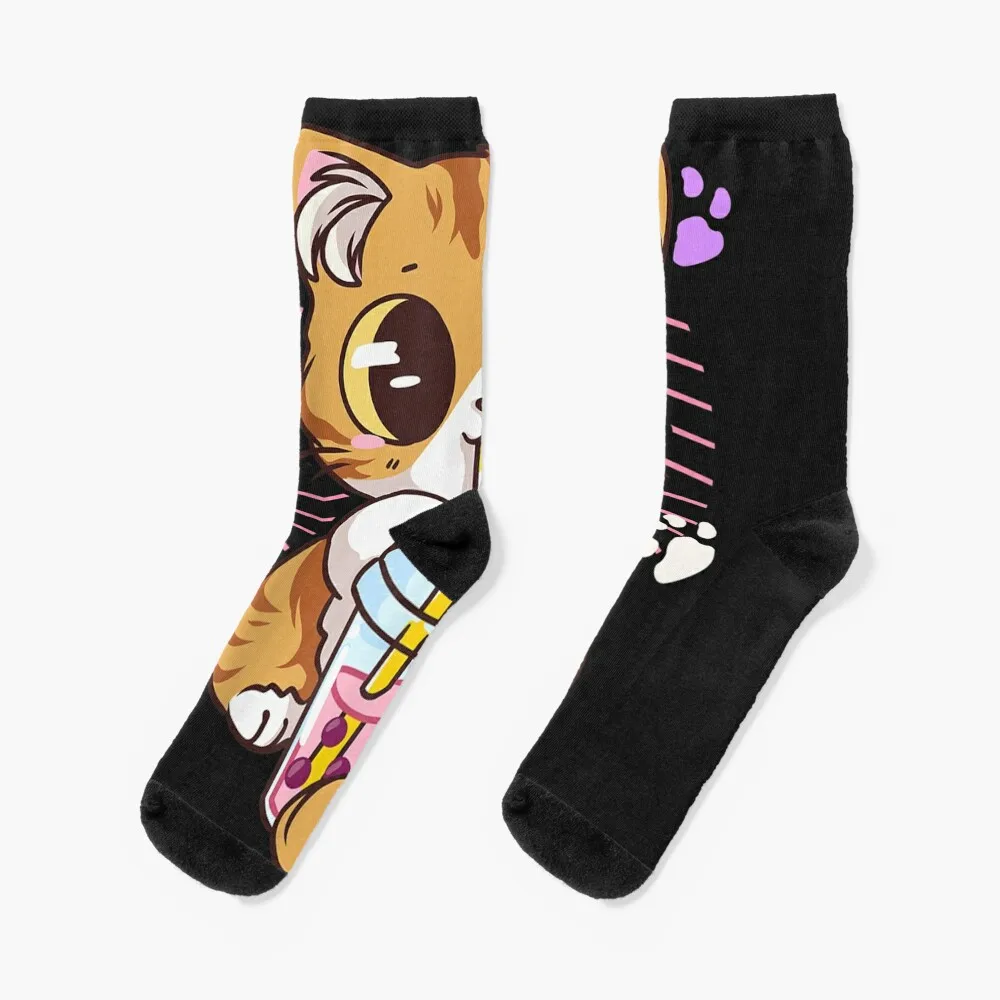 Cute Kawaii Cat Boba Bubble Milk Tea Anime Kitten Socks kawaii sports and leisure warm winter loose Socks Women Men's