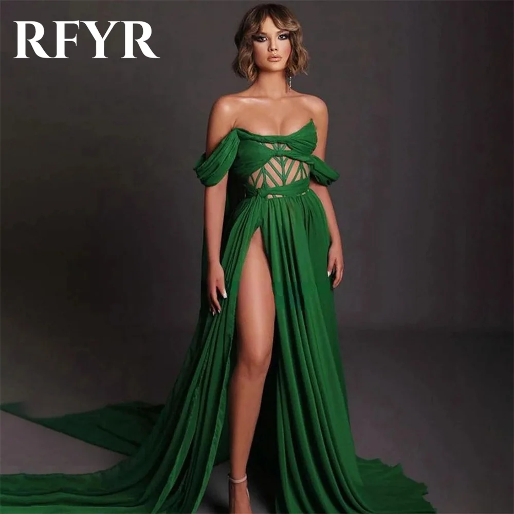 RFYR Green Prom Dresses Beach O-Neck Evening Dresses Off The Shoulder Satin Party Dress with High Split Pleats Vestidos De Noche