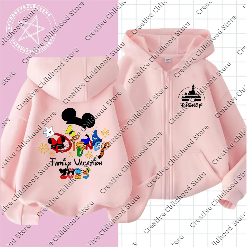 2025 Disney Minnie Mouse Girl Cartoons Kawaii Girl Clothes zipper Hoodie Boy Children Top Caricature Fashion Disneyland Trip