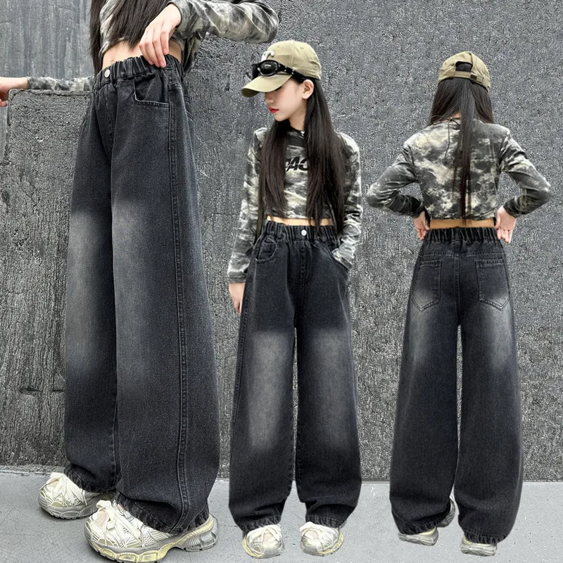 

Girl Casual Gradient Denim Pants Kids New Fashion Jeans Trousers 4-14Y Teenage Child Vintage Straight Fit Black Jeans for Tween