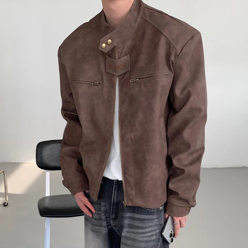 IEFB American Style Men's Jackets Loose PU Leather Zipper Stand Collar Short Tops Casual Solid Color Male Coat Functional 9C7180