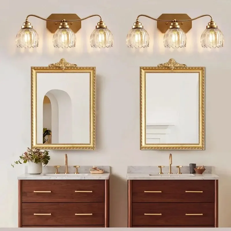 Bathroom Light Fixtures, Gold Bathroom Vanity Light, Matte Antique Brass Finish with Crystal Glass Shade, Wall Sconces Lighting